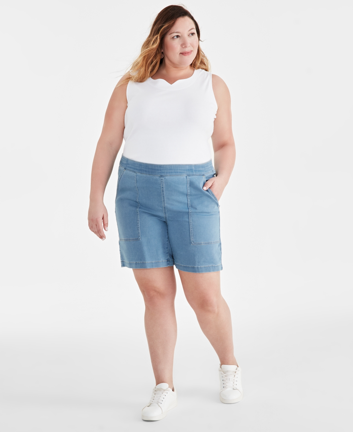 Plus Size Mid Rise Pull-On Denim Shorts, Created for Macy's - Rinse