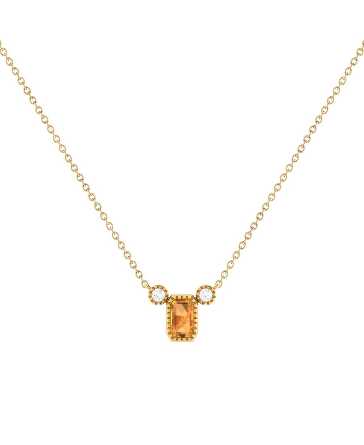 Emerald Cut Citrine Gemstone, Natural Diamond 14K Yellow Gold Birthstone Necklace - Yellow