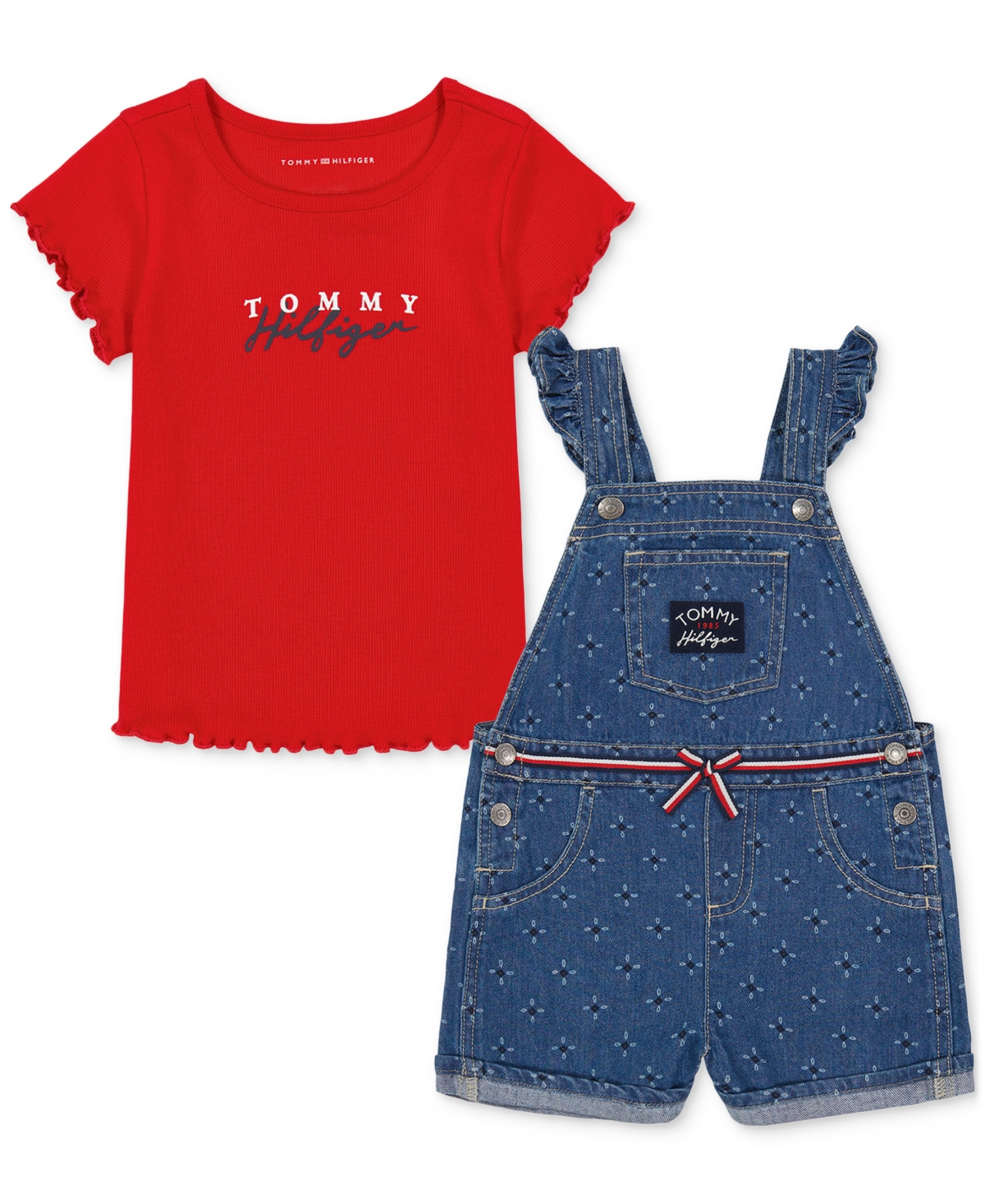 Shop Tommy Hilfiger Toddler Girls Ribbed Logo T-shirt & Printed Denim Shortall, 2 Piece Set In Assorted