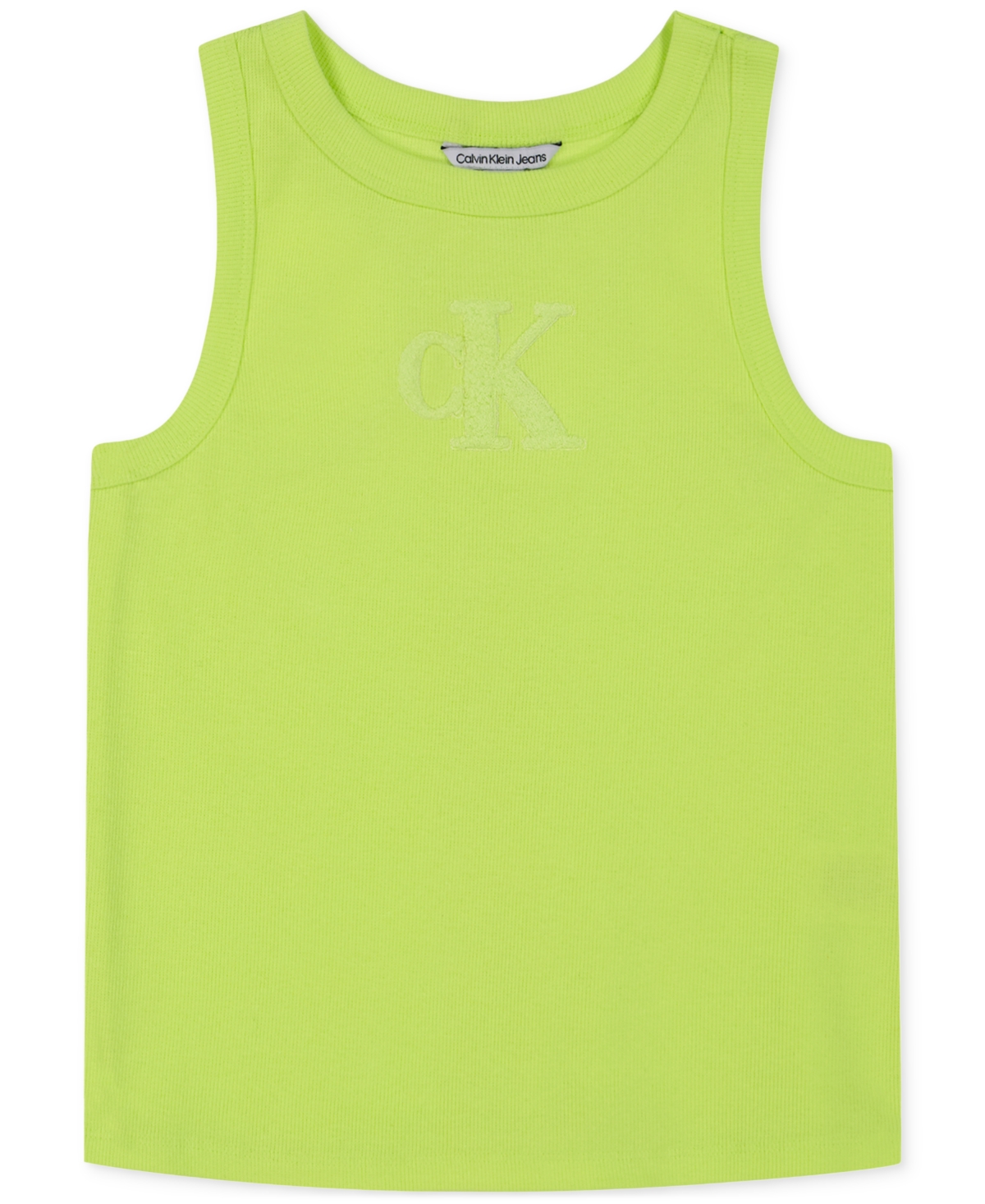 Shop Calvin Klein Big Girls Ribbed Racerback Logo Tank Top In Sunny Lime