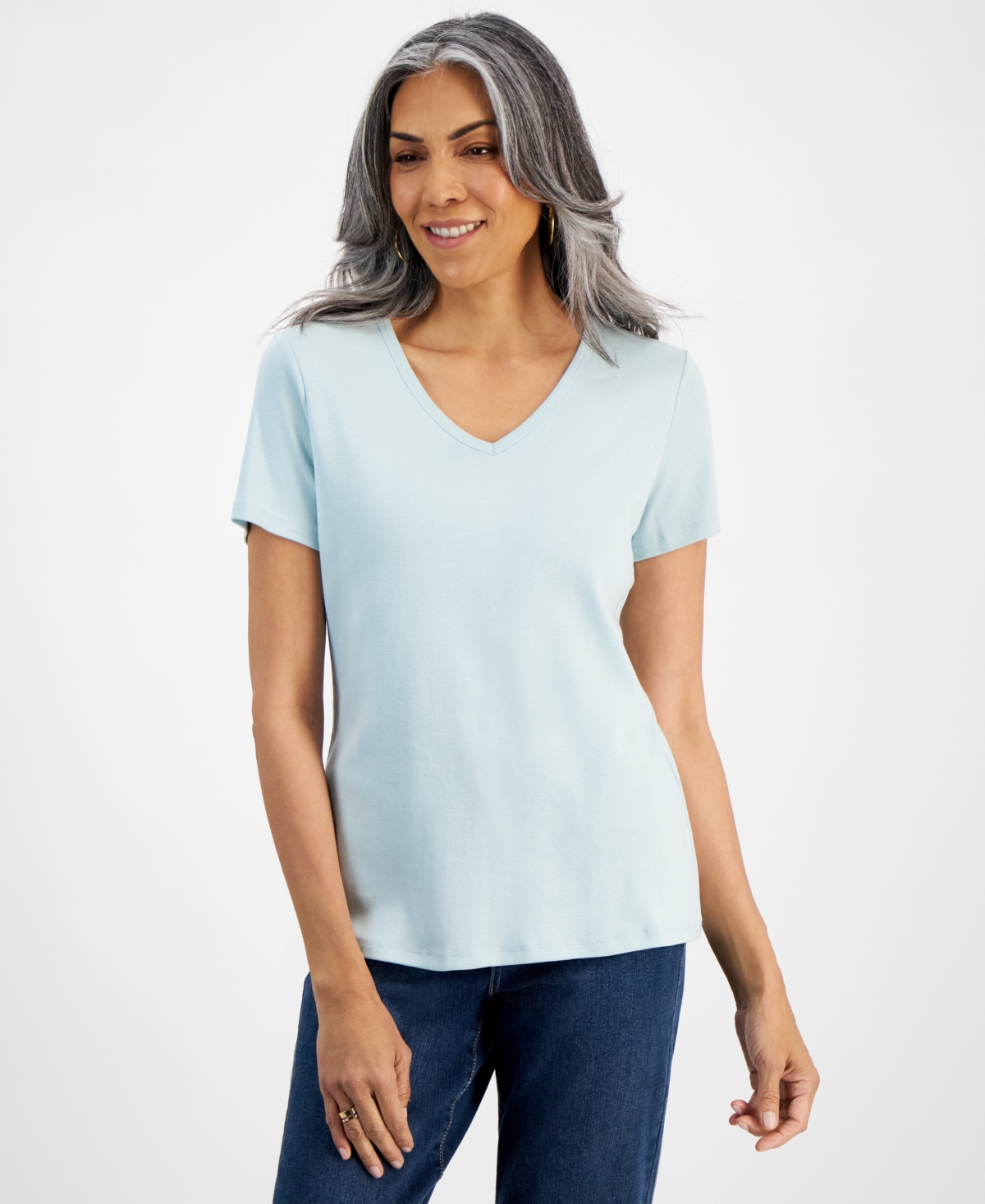 Shop Style & Co Women's Short Sleeve V-neck Cotton Top, Created For Macy's In Harbor Gray