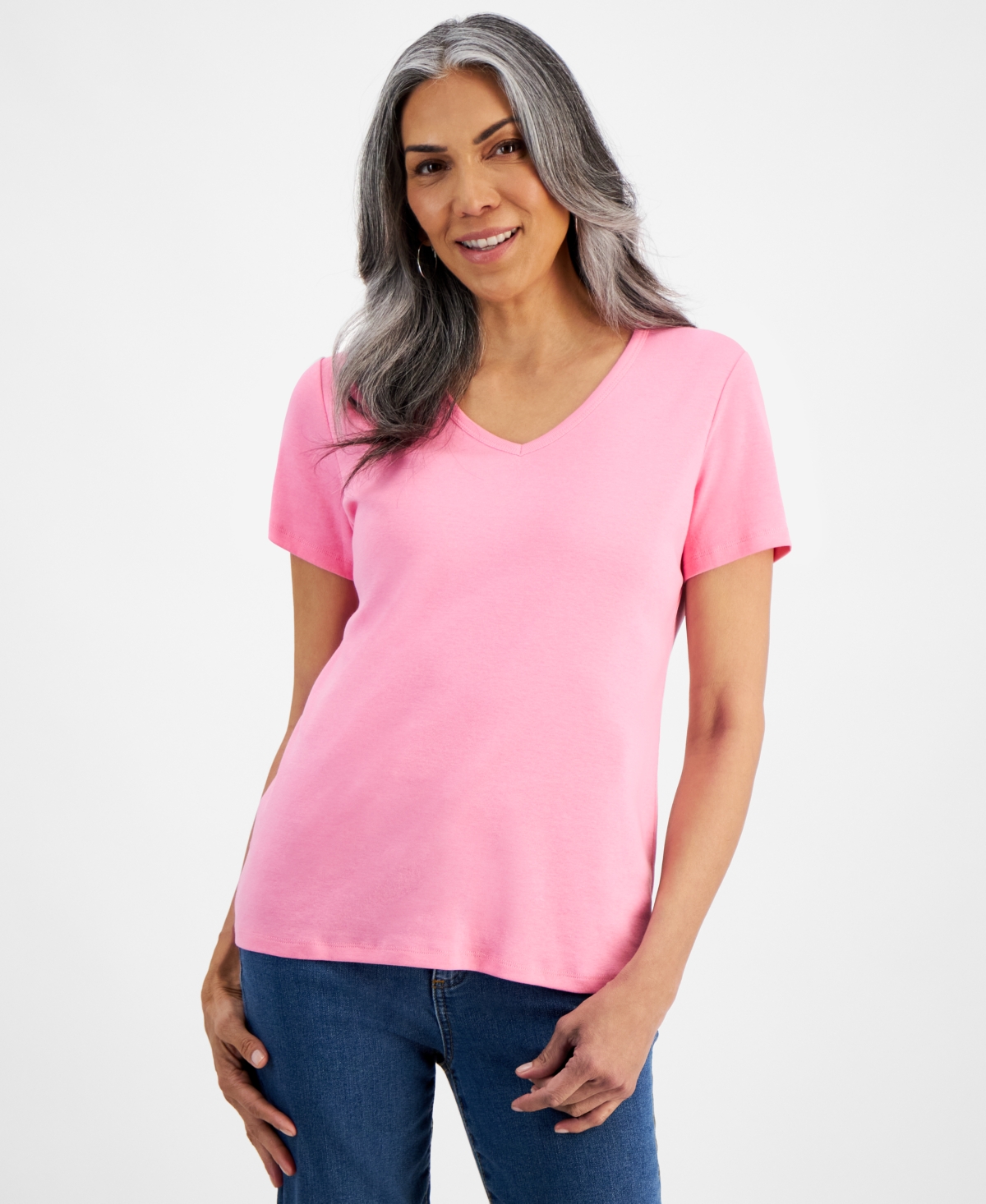 Shop Style & Co Women's Short Sleeve V-neck Cotton Top, Created For Macy's In Pink Stiletto