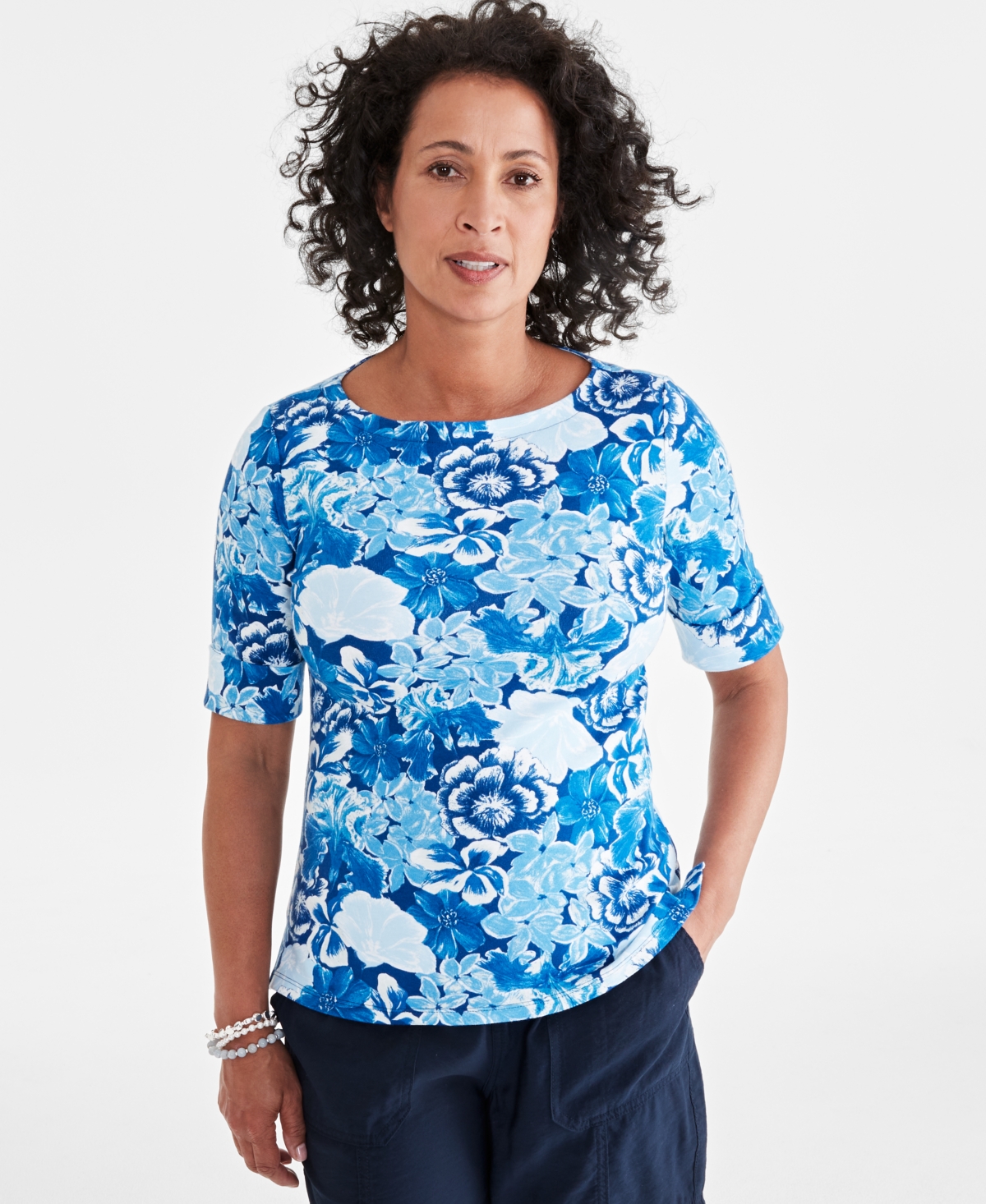 Women's Printed Elbow-Sleeve Boat-neck Top, Created for Macy's - Orange Floral