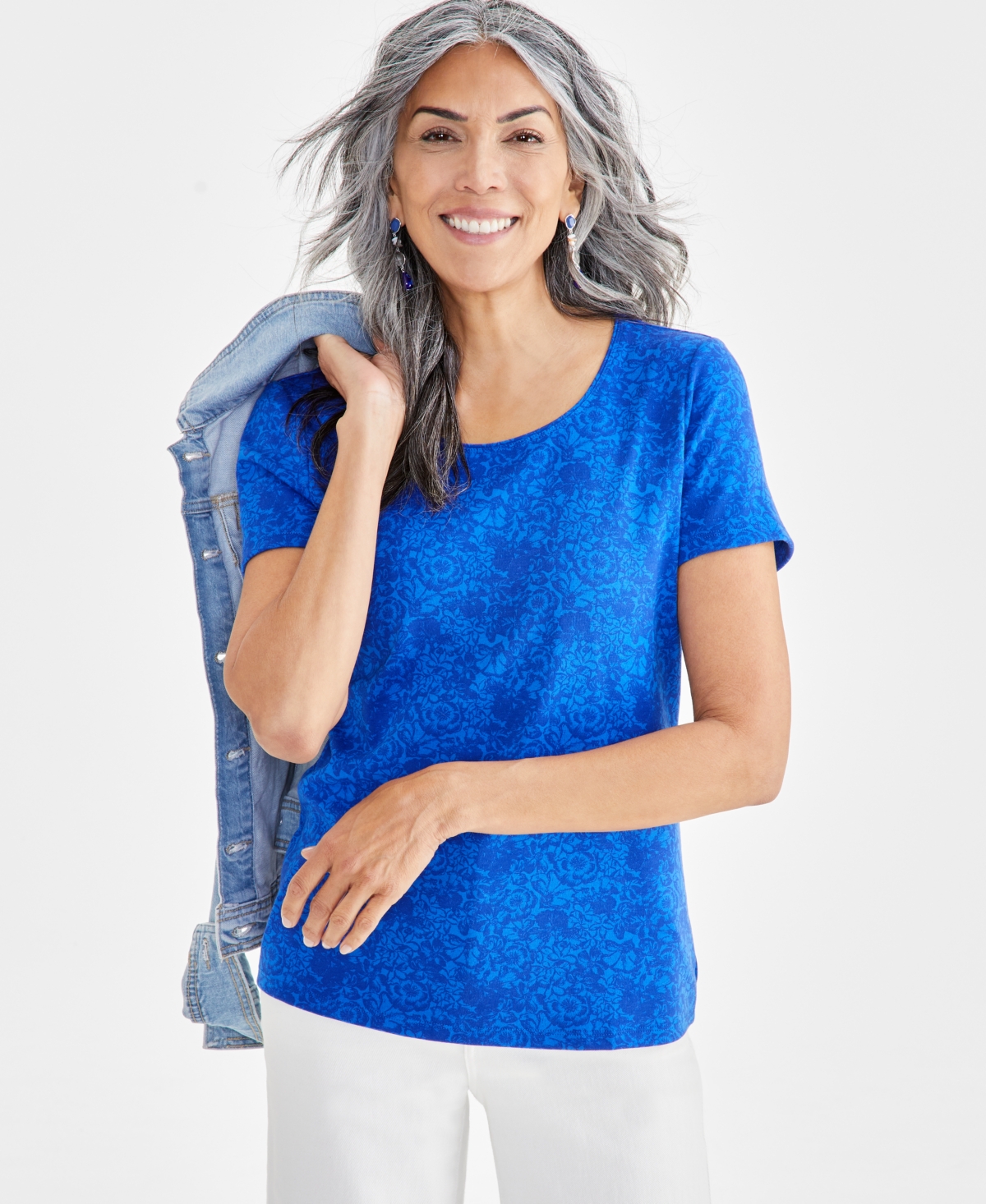 Shop Style & Co Women's Floral-print Scoop-neck Knit Top, Created For Macy's In Gigi Cobalt