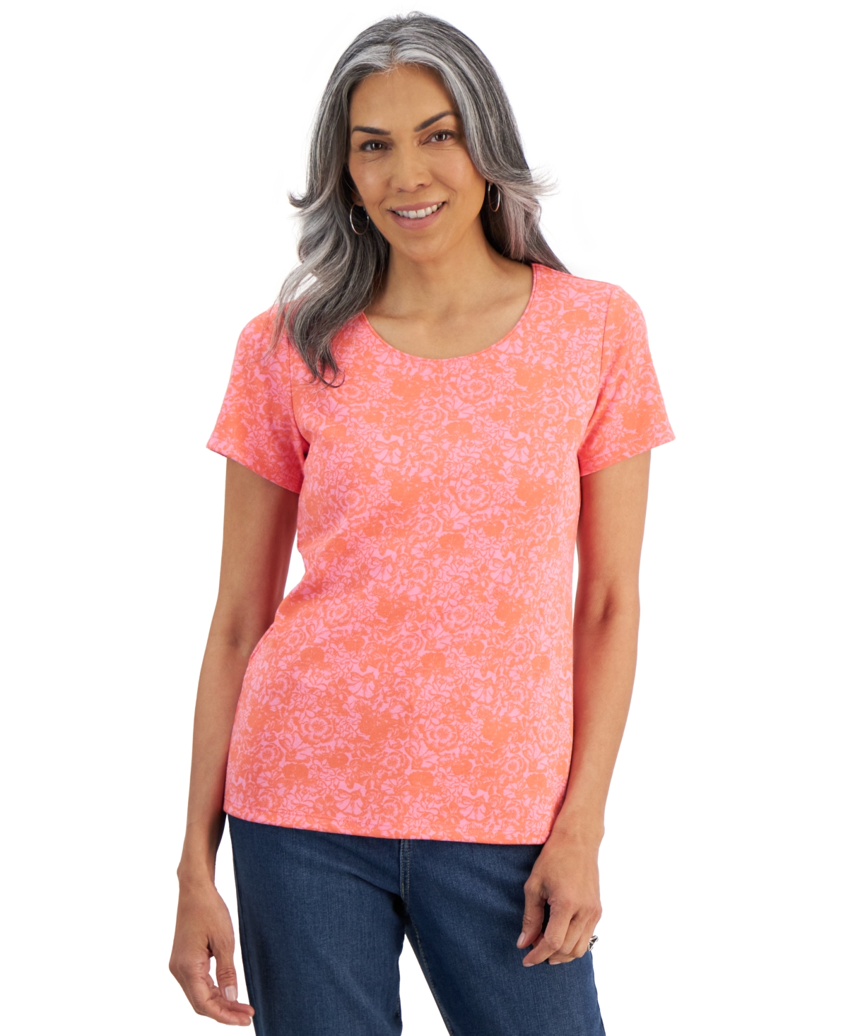 Shop Style & Co Women's Floral-print Scoop-neck Knit Top, Created For Macy's In Gigi Pink