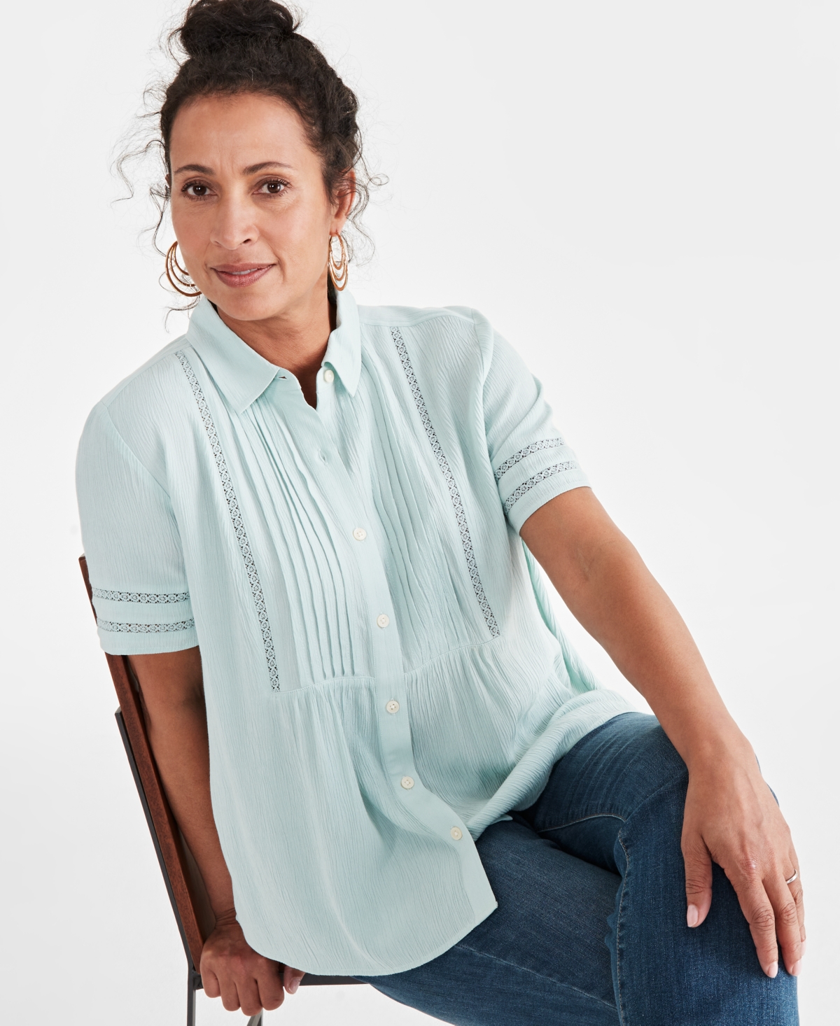 Shop Style & Co Women's Pintuck Short-sleeve Button-front Shirt, Created For Macy's In Harbor Gray