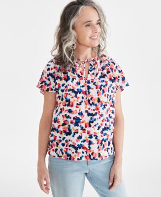 売れ筋商品|||スタイルアンドコー カットソー トップス レディース Women's Seersucker Split-Neck Flutter Sleeve Top, Created for Macy's Deep Black Style & Co Women's Seersucker Split-Neck Flutter Sleeve Top