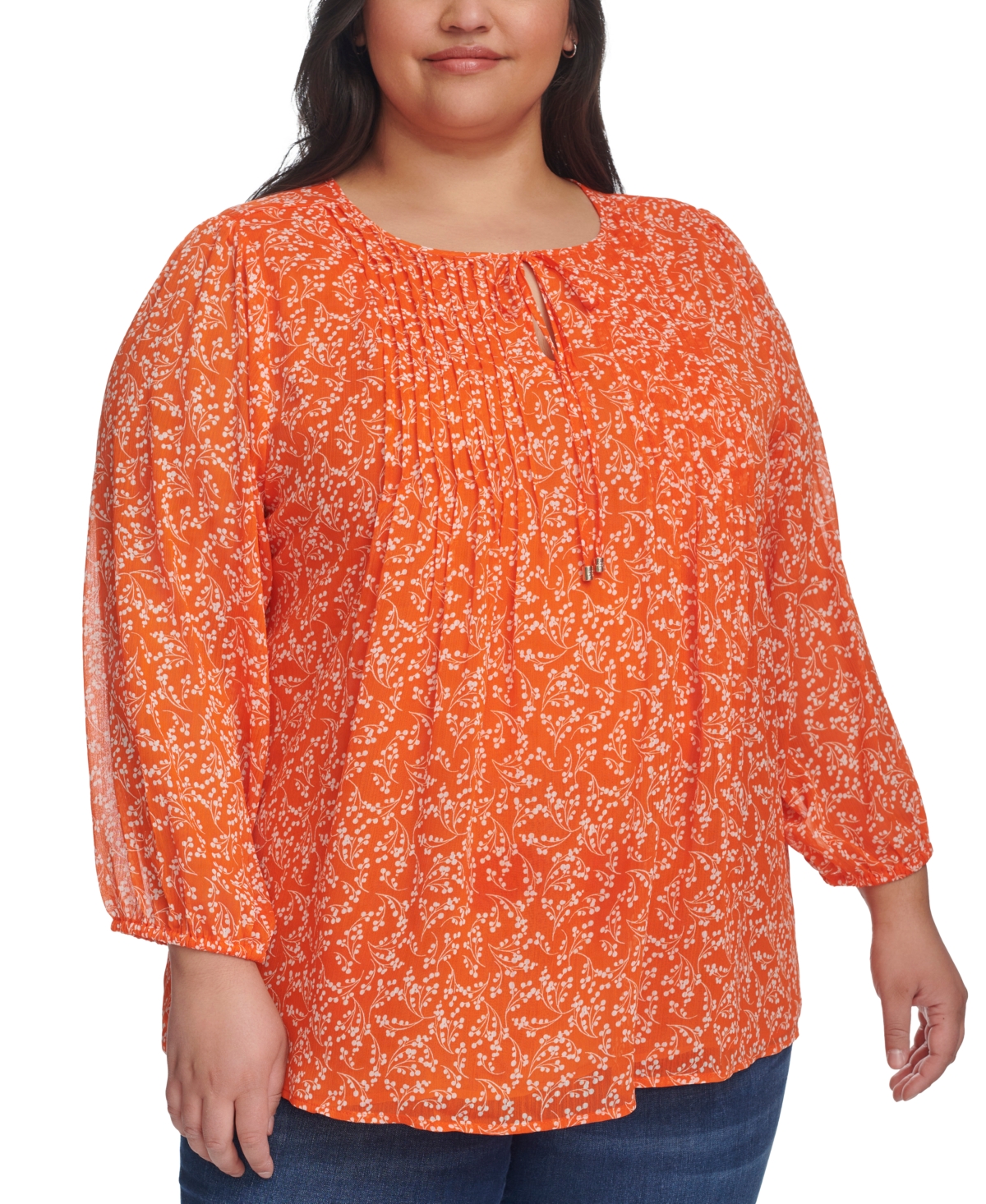 Shop Tommy Hilfiger Plus Size Pintucked Scoop-neck Top In Mandarin Multi