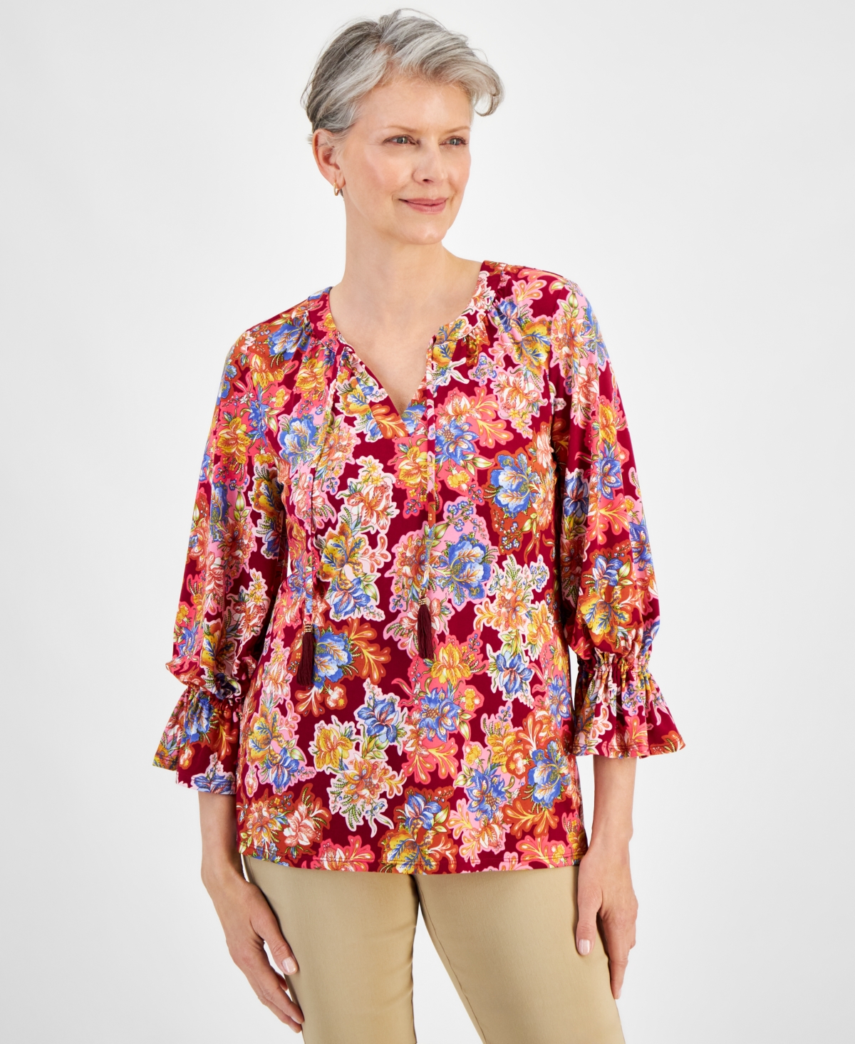Women's Floral Print 3/4 Sleeve Ruffled-Cuff Top, Created for Macy's - Ruby Slippers Combo