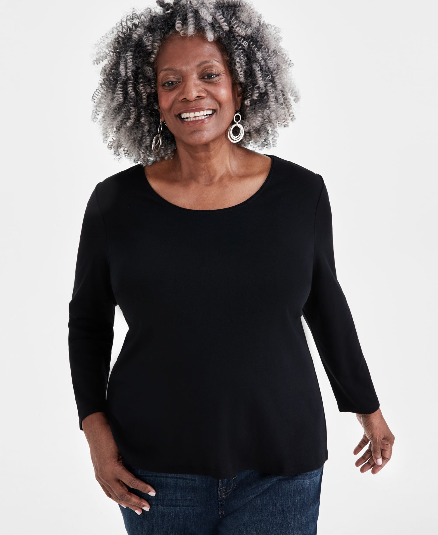Petite Scoop-Neck Long-Sleeve Cotton Top
