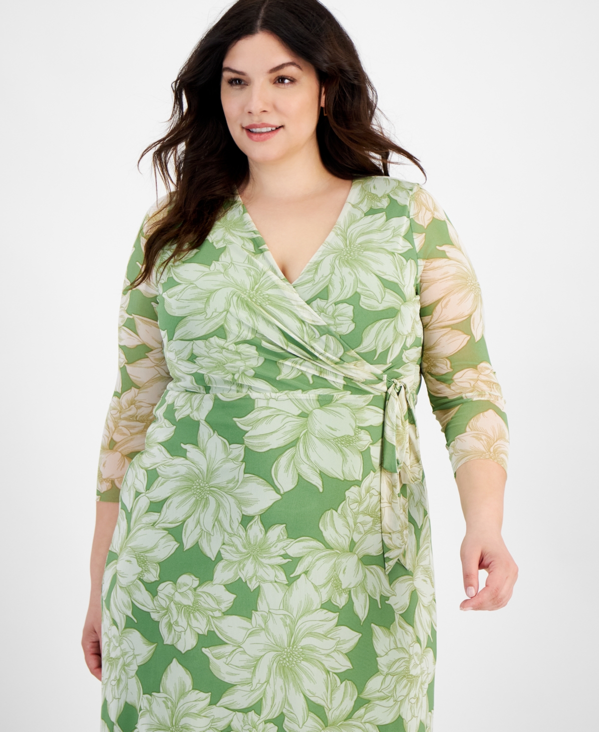 Shop Anne Klein Plus Size Floral-print Midi Wrap Dress In Foliage Mu