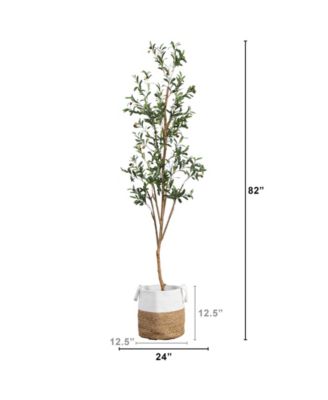 7ft. Artificial Olive Tree with Natural Trunk and Handmade Jute Basket