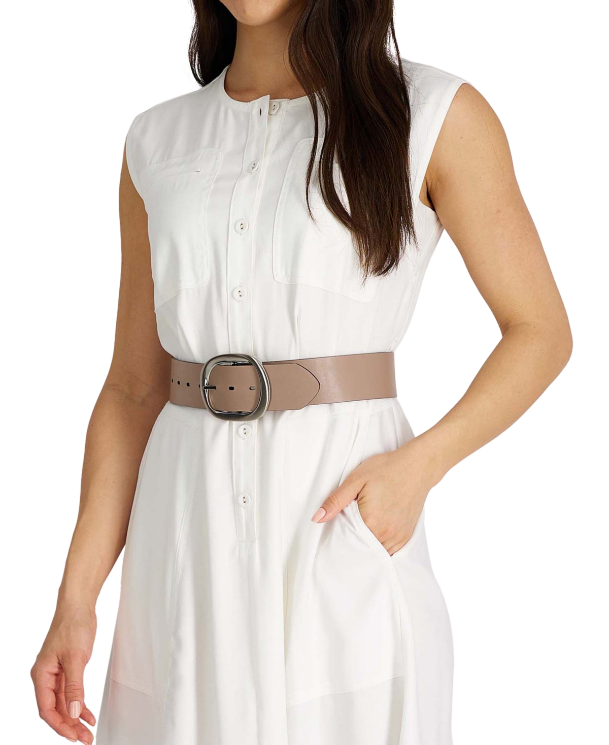 Calvin Klein Women's Reversible Oversized Statement Buckle Belt -taupe