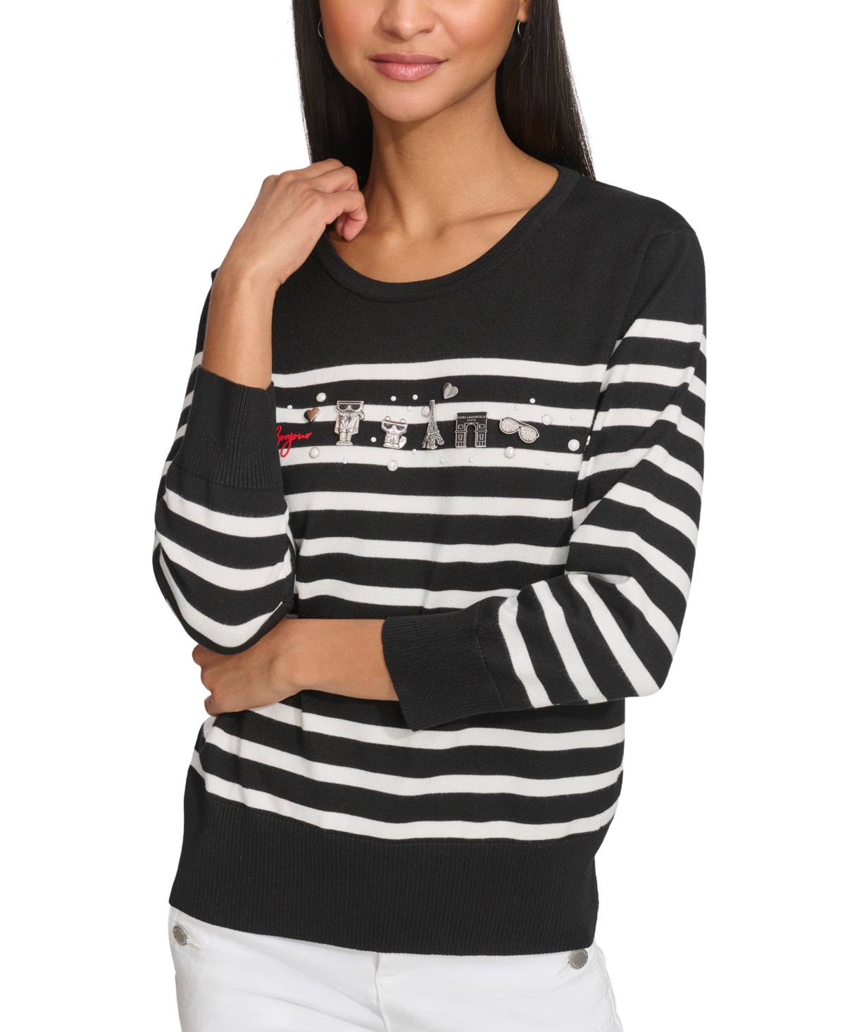 Karl Lagerfeld Women's Embellished Striped 3/4-sleeve Sweater In Black  Soft White
