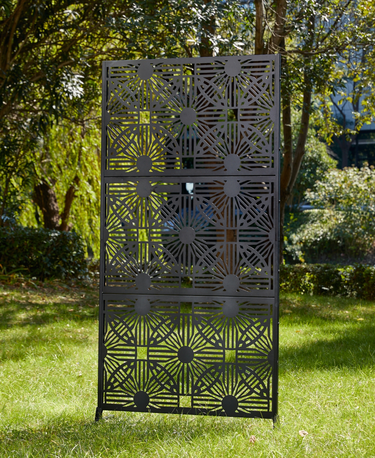 GlitzhomeGalvanized Floral Privacy Panel Room Divider with Riser Feet - Black