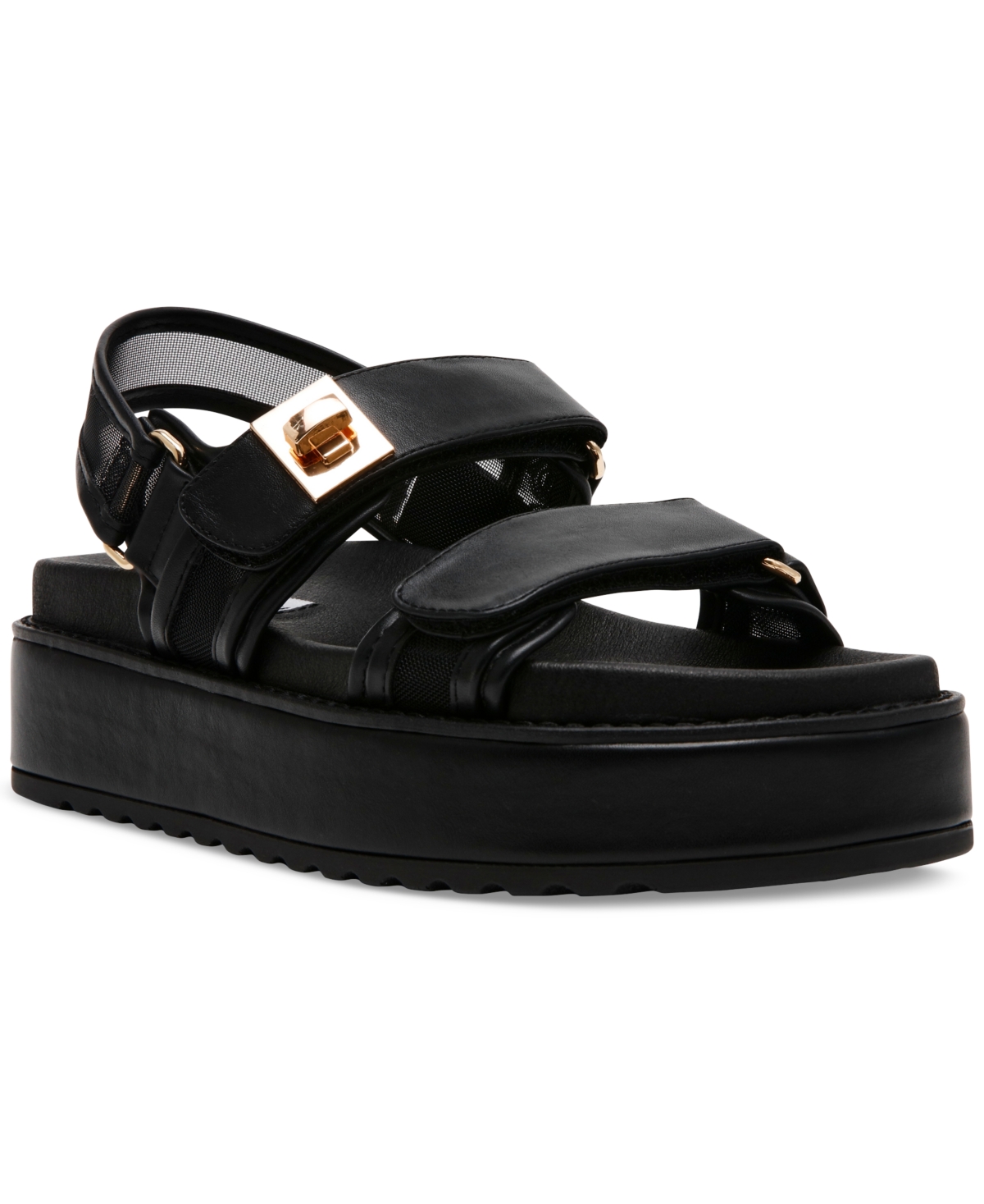 Shop Steve Madden Women's Bigmona Platform Footbed Sandals In Black Leather,mesh