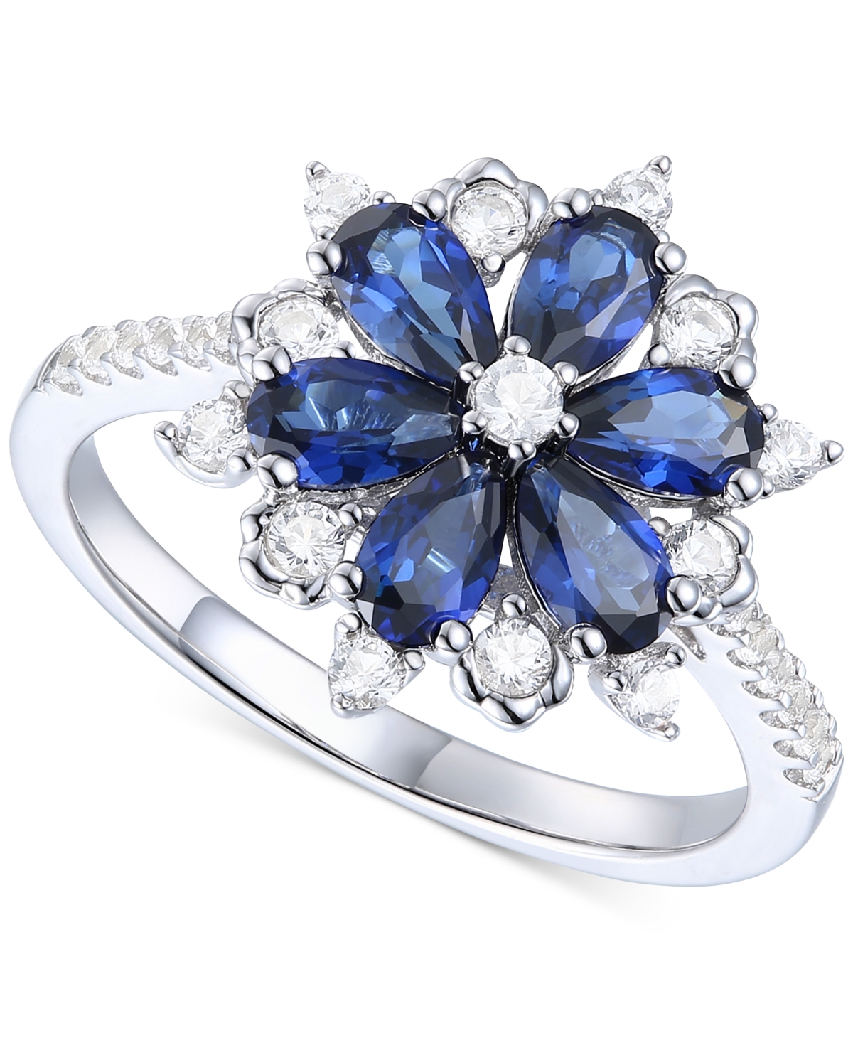 Macy's Lab-grown Emerald (7/8 Ct. T.w.) & Lab-grown White Sapphire (1/8 Ct. T.w.) Flower Ring In 14k Gold-p In Sapphire