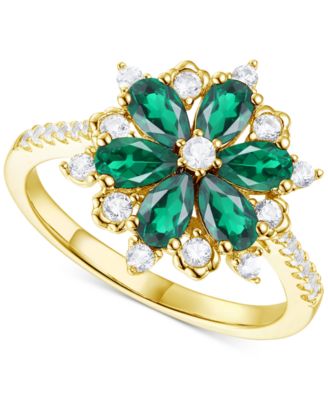 Macy's - Lab-Grown Emerald (7/8 ct. t.w.) & Lab-Grown White Sapphire (1/8 ct. t.w.) Flower Ring in 14k Gold-Plated Sterling Silver (Also in Additional Gemstones)