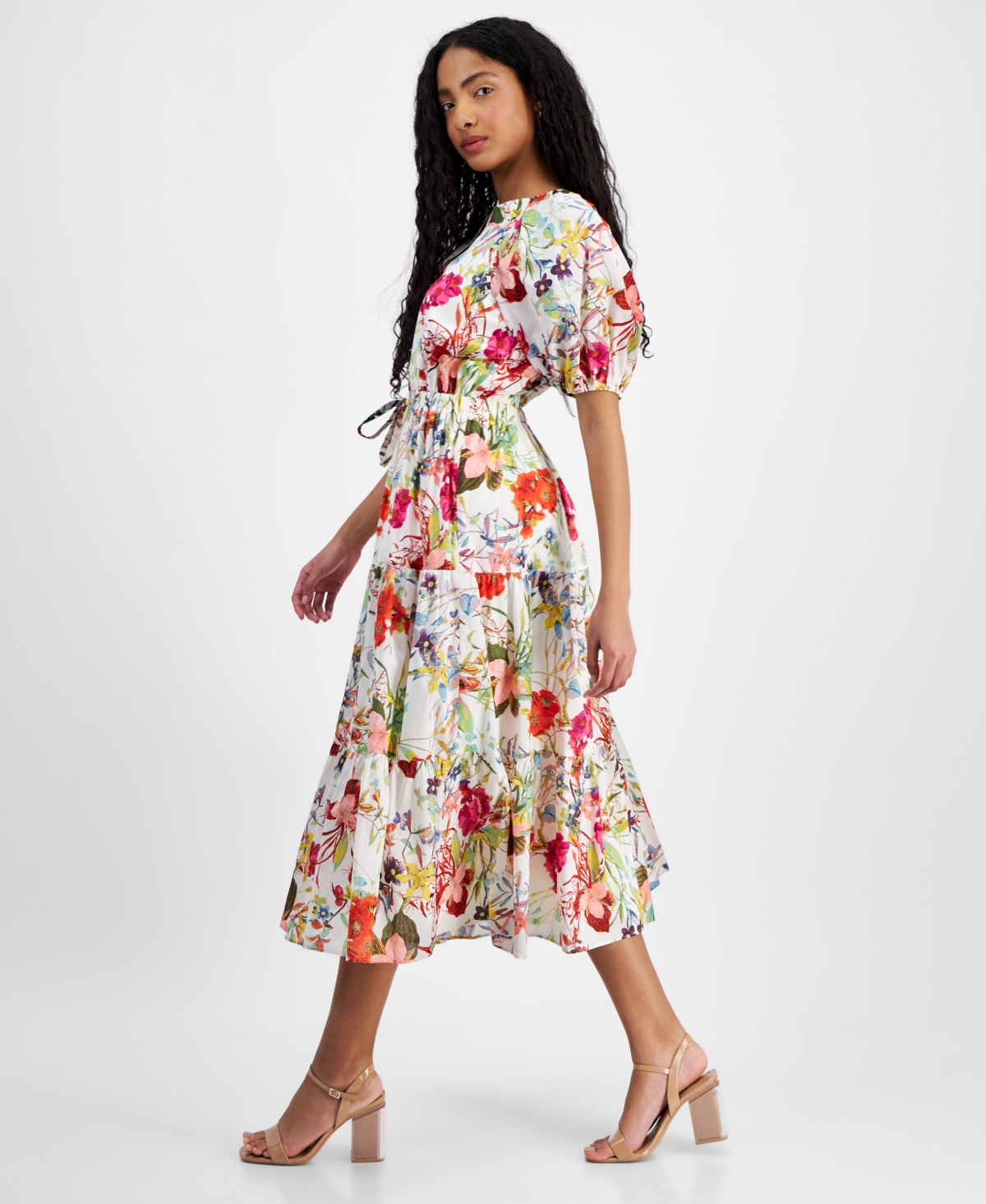 Shop Anne Klein Women's Floral-print Tiered Midi Dress In Egret Mult