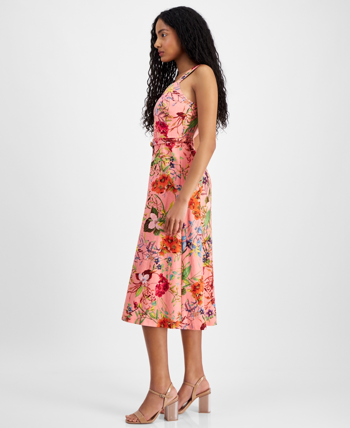 Shop Anne Klein Women's Linen-blend Floral-print Midi Dress In Sunkist Co