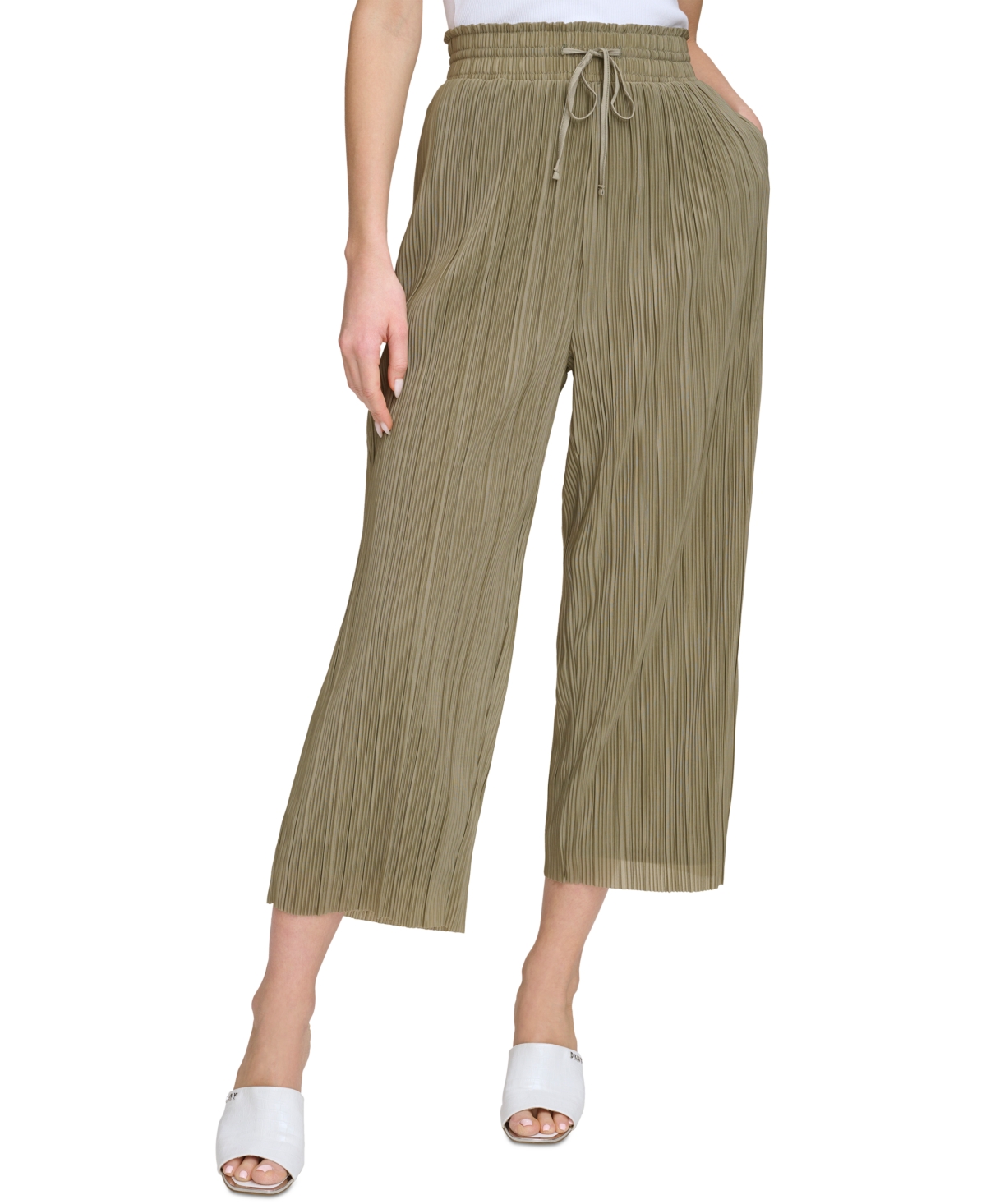 Shop Dkny Women's High-rise Cropped Wide-leg Plisse Pants In Lght Fatig