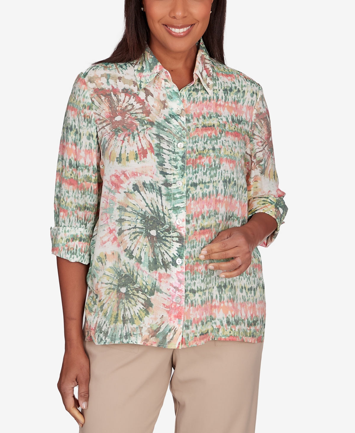 Shop Alfred Dunner Women's Tuscan Sunset Tie Dye Button Down Blouse Top In Multi