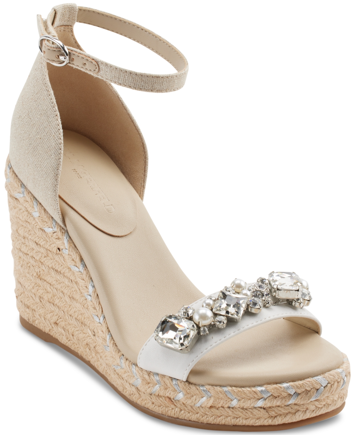 Shop Karl Lagerfeld Catalyna Embellished Wedge Espadrille Sandals In Natural,white