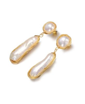 Sterling Silver with 14K Gold Plated and 2 Genuine Freshwater Pearl Dangling Earrings
