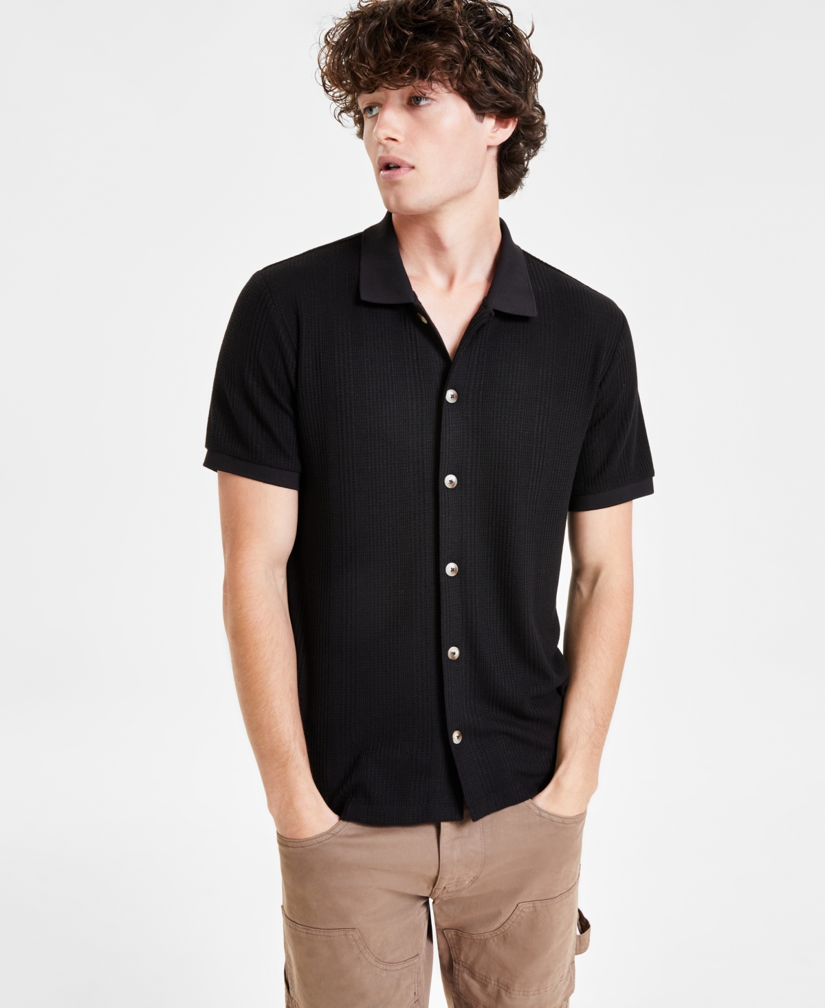 Men's Joshua Textured-Knit Button-Down Shirt - Jet Black
