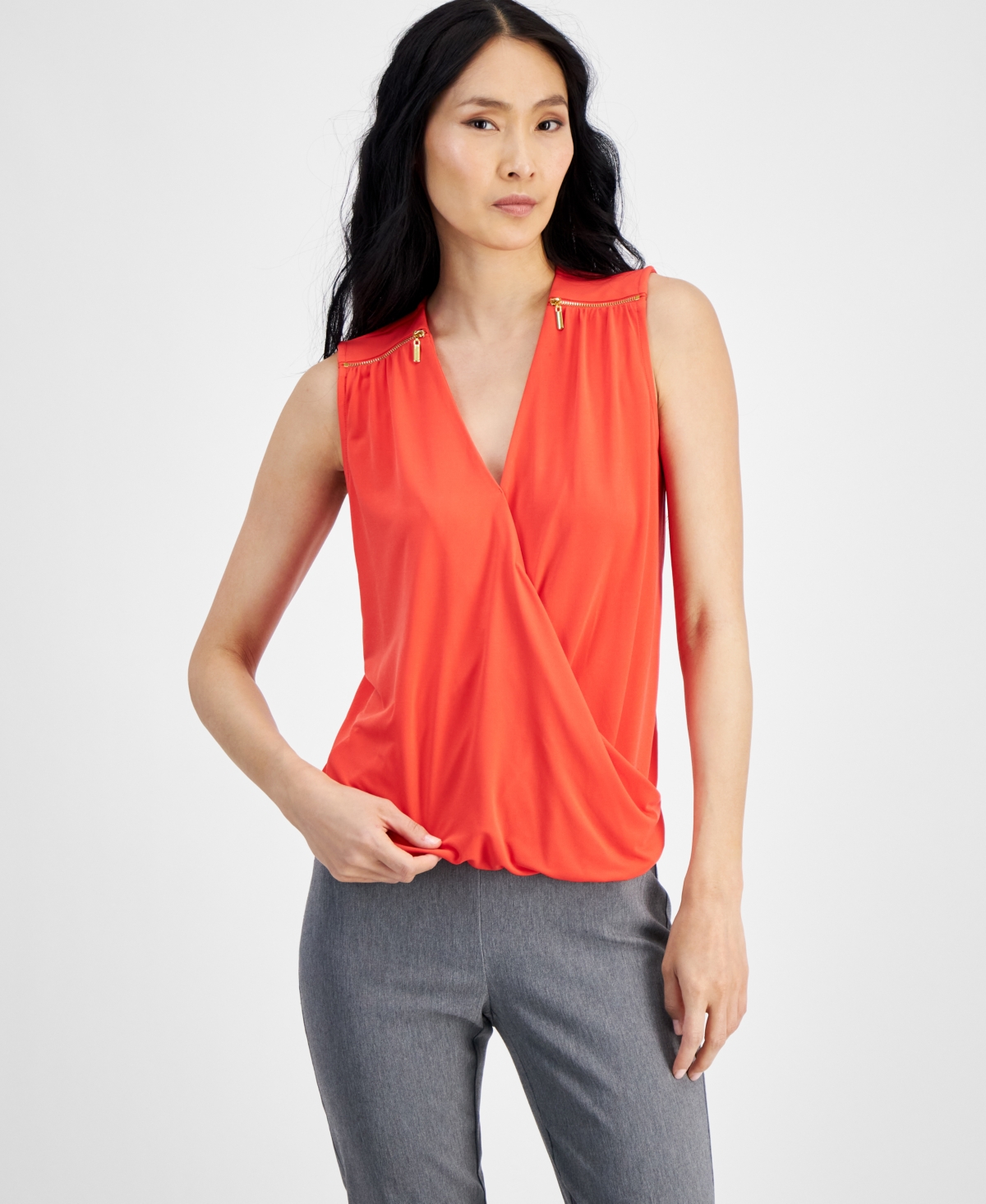 Women's Sleeveless Zip-Shoulder Surplice Blouse, Created for Macy's - Tropical Punch