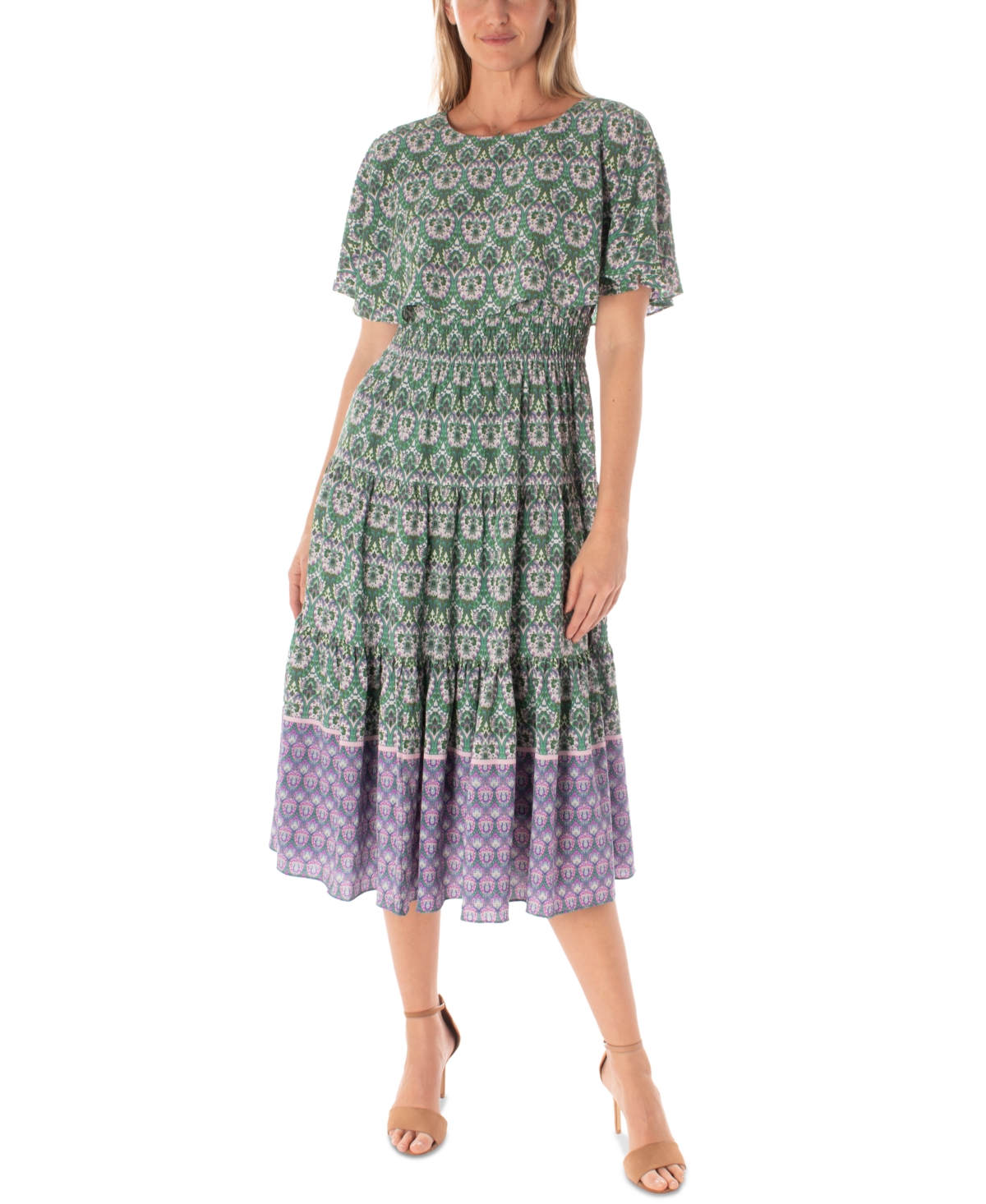 Maison Tara Women's Printed Tiered Fit & Flare Dress In Peacock,violet