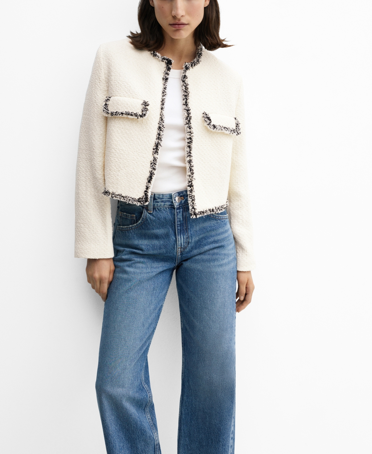 Shop Mango Women's Contrast Detail Tweed Jacket In Light Beig