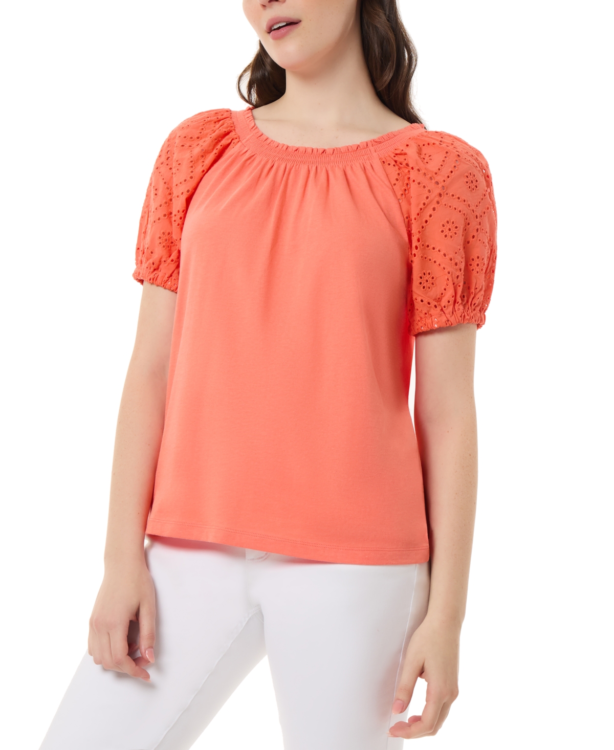 Shop Jones New York Women's Smocked-neck Mixed-media Puff-sleeve Top In Coral Sun