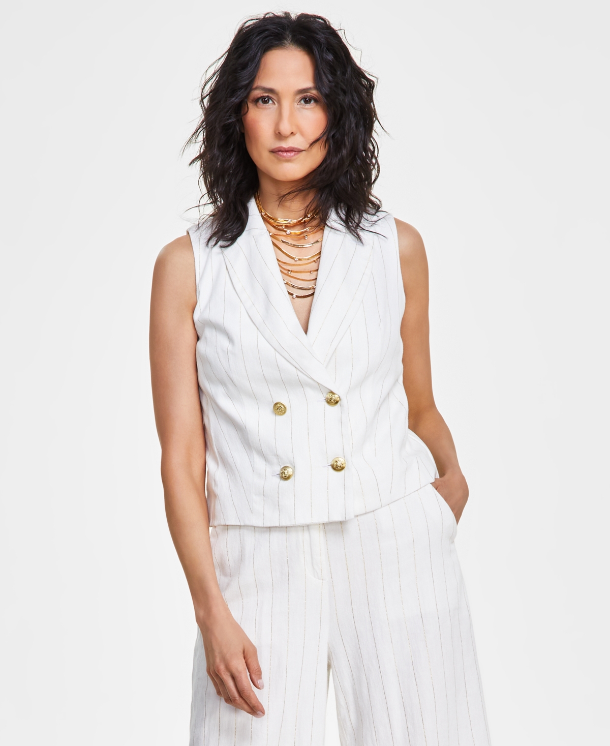 Women's Striped Crop Vest, Created for Macy's - Washed White