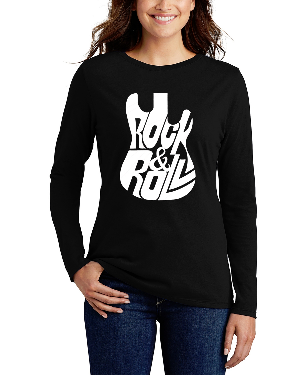 Women's Word Art Rock And Roll Guitar Long Sleeve T-Shirt - Black