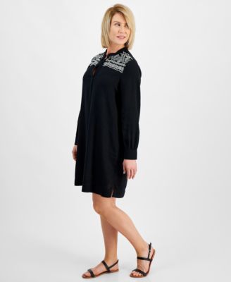 Style & Co Petite Bruno Embroidered Popover Linen-Blend Shift Dress,  Created for Macy's - Macy's