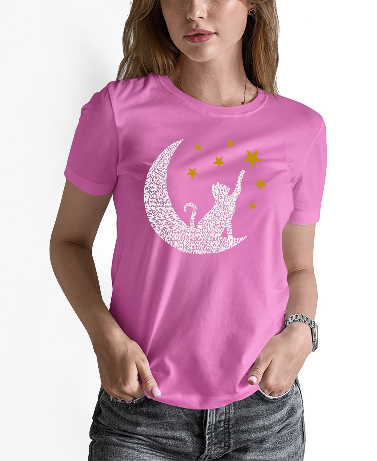 Shop La Pop Art Women's Word Art Cat Moon T-shirt In Pink