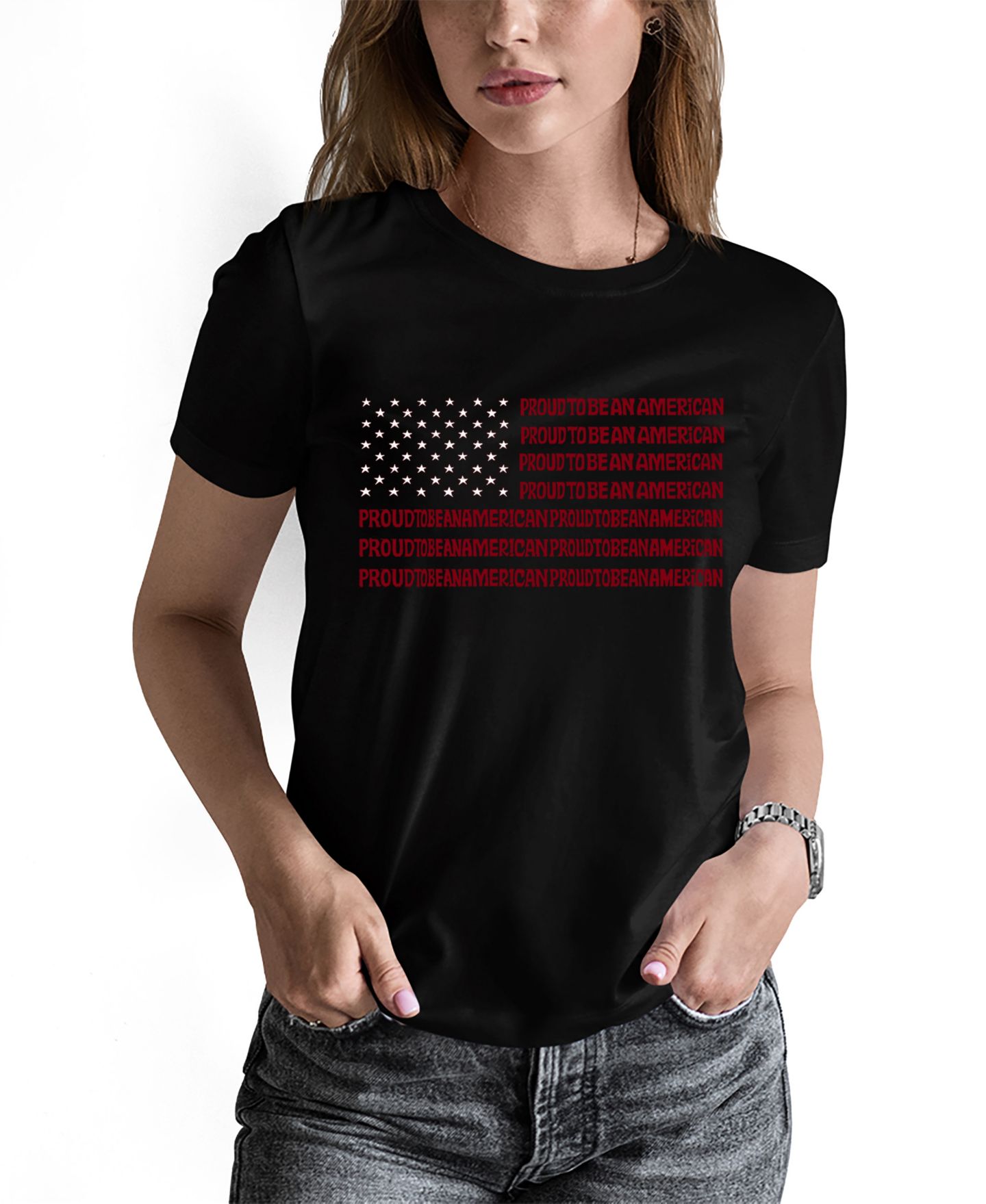 Женская футболка LA Pop Art Word Art Proud To Be An American, цвет: Чёрный — фото 1