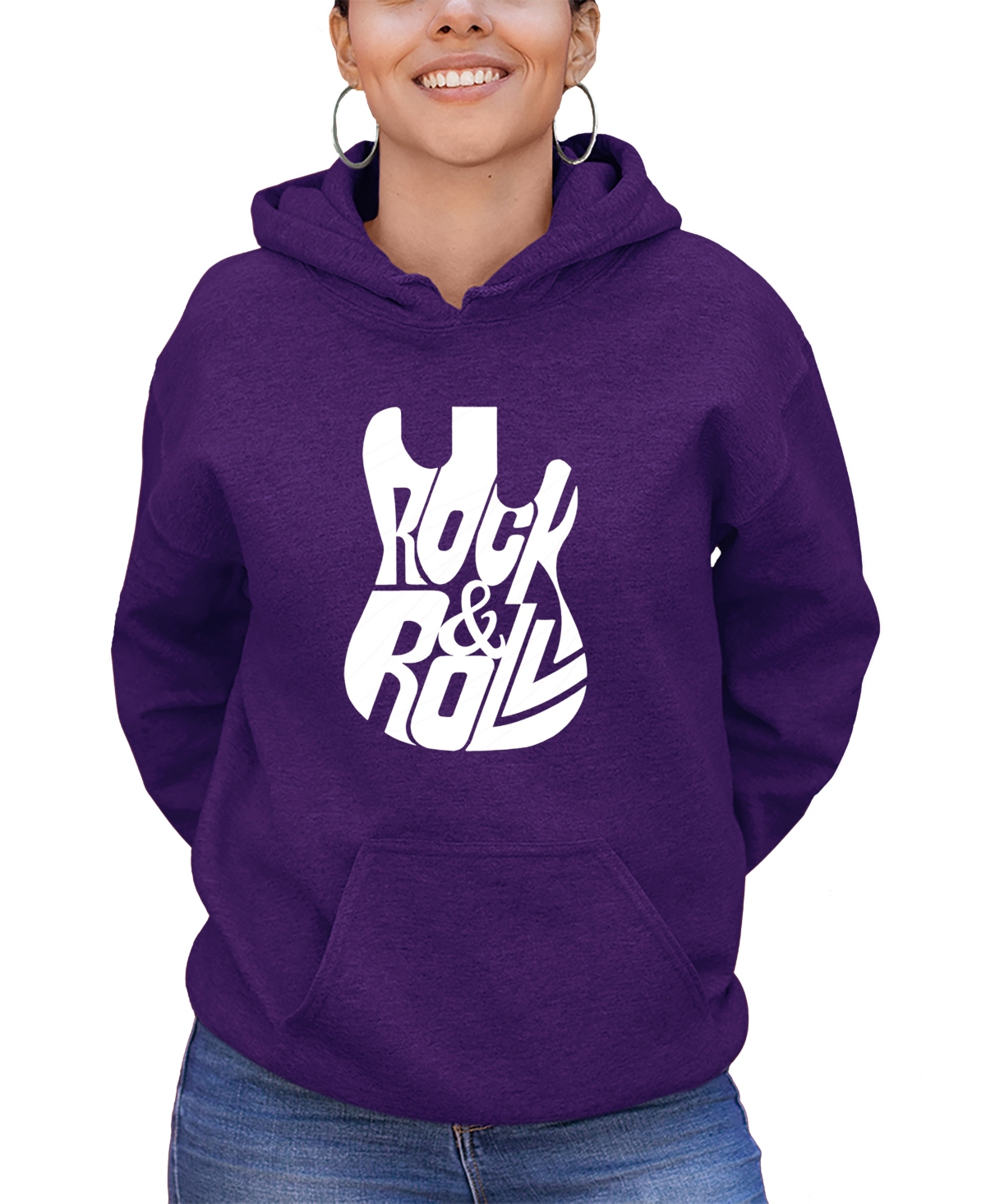 Shop La Pop Art Women's Word Art Rock And Roll Guitar Hooded Sweatshirt In Purple