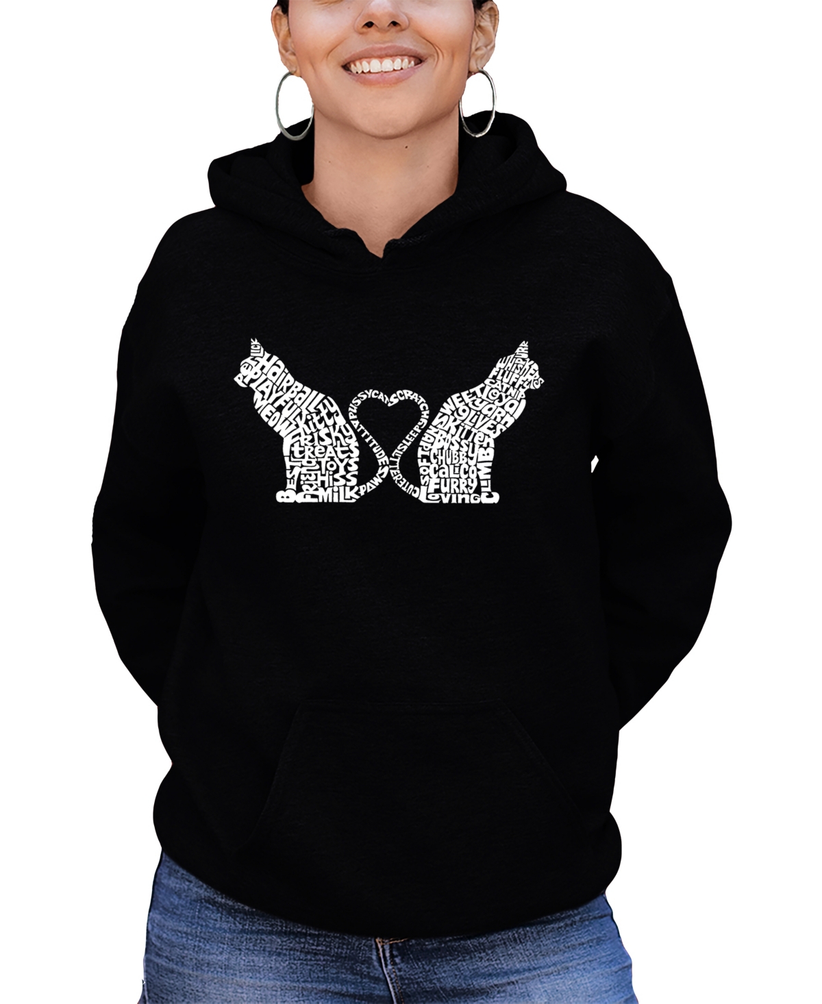 Shop La Pop Art Women's Word Art Cat Tail Heart Hooded Sweatshirt In Black