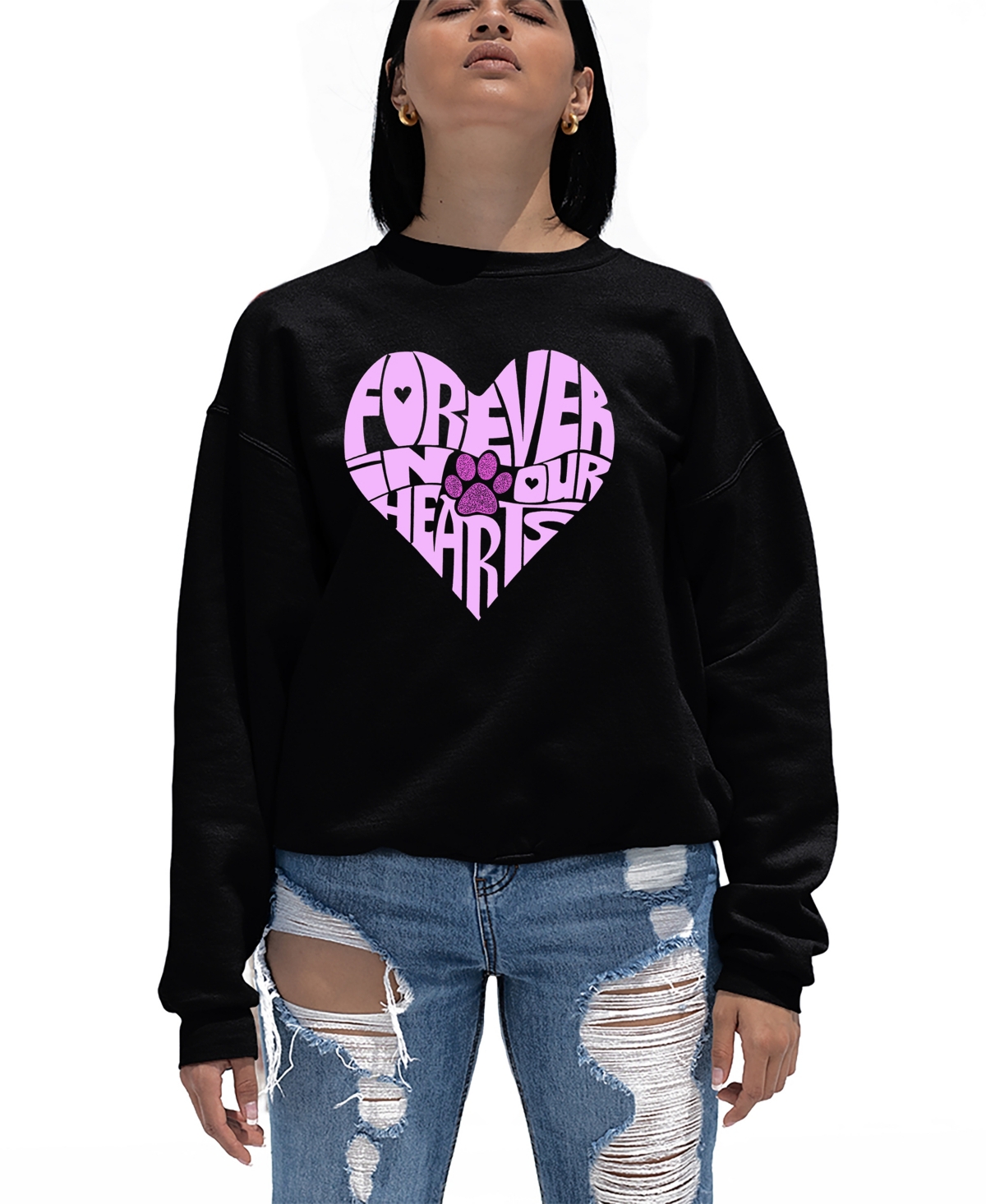 Shop La Pop Art Women's Word Art Forever In Our Hearts Crewneck Sweatshirt In Black