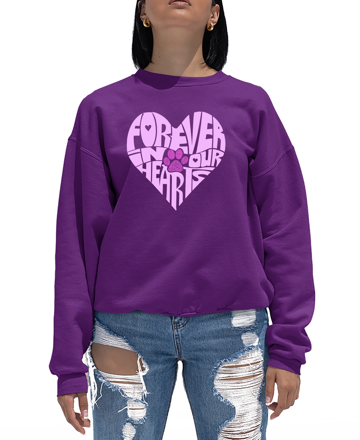 Shop La Pop Art Women's Word Art Forever In Our Hearts Crewneck Sweatshirt In Purple