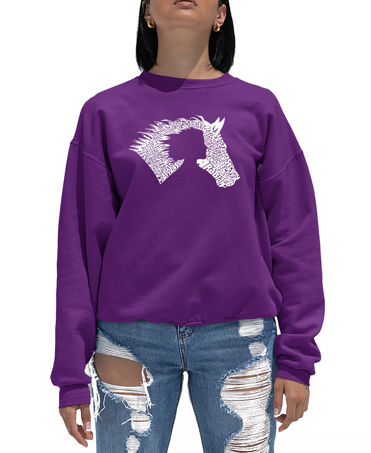 Shop La Pop Art Women's Word Art Girl Horse Crewneck Sweatshirt In Purple