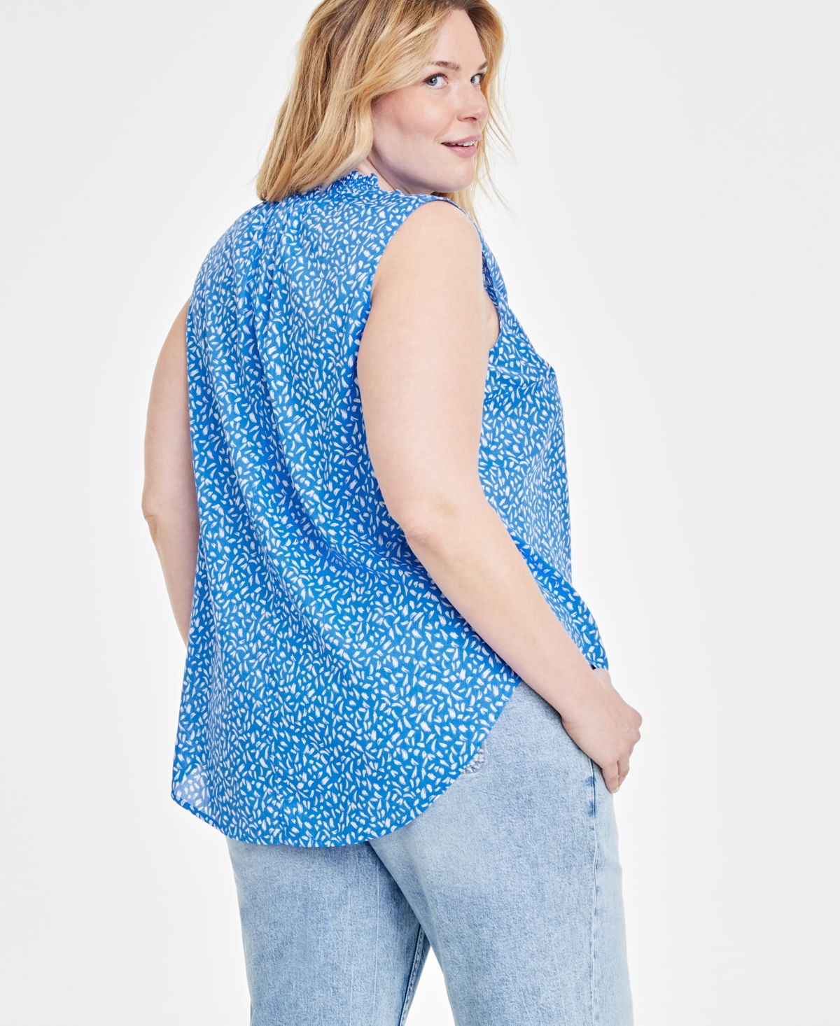 On 34th Trendy Plus Size Abstract-Print Ruffled-Neck Top, Created for Macy's