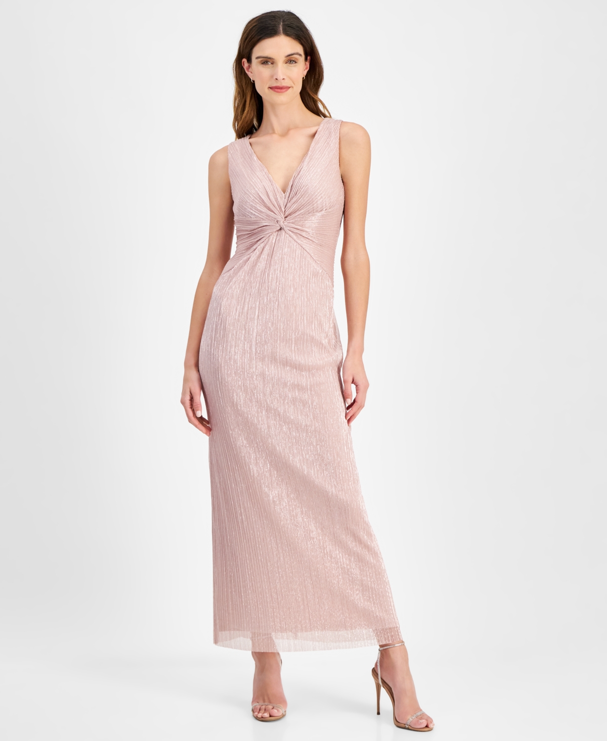 Petite Metallic V-Neck Twist-Front Gown - Blush Pink