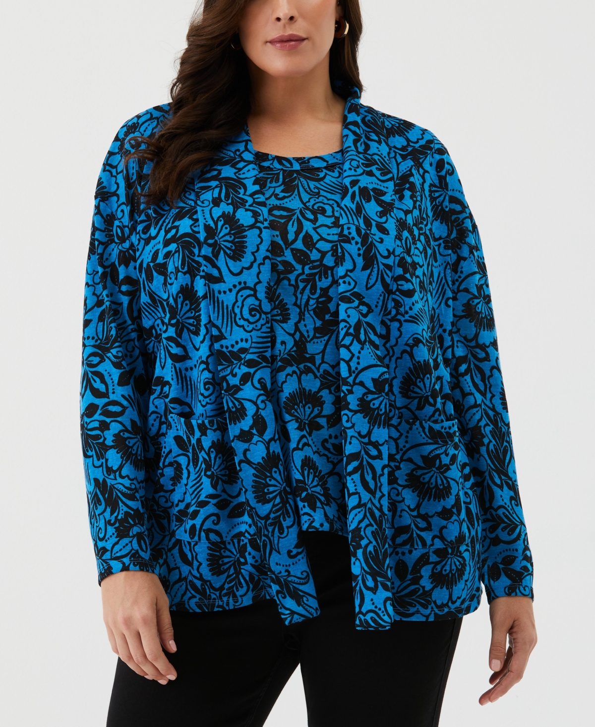 Plus Size Eco Floral Print Roll Collar Draped Long Sleeve Cardigan Sweater - Malibu Blue