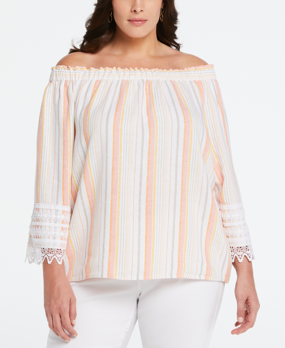 Plus Size Linen Blend Peasant Top with Lace Sleeve - Desert Flower