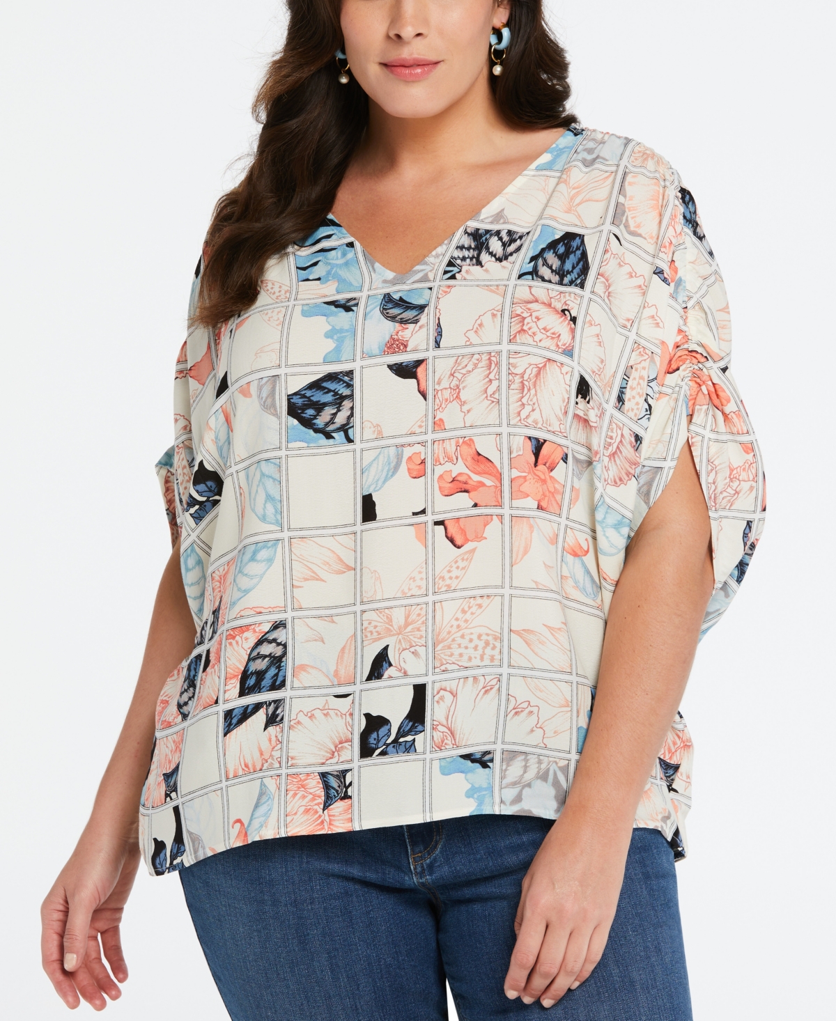 Plus Size Eco Fabric Ruched Tie Sleeve V-Neck Top - Egret