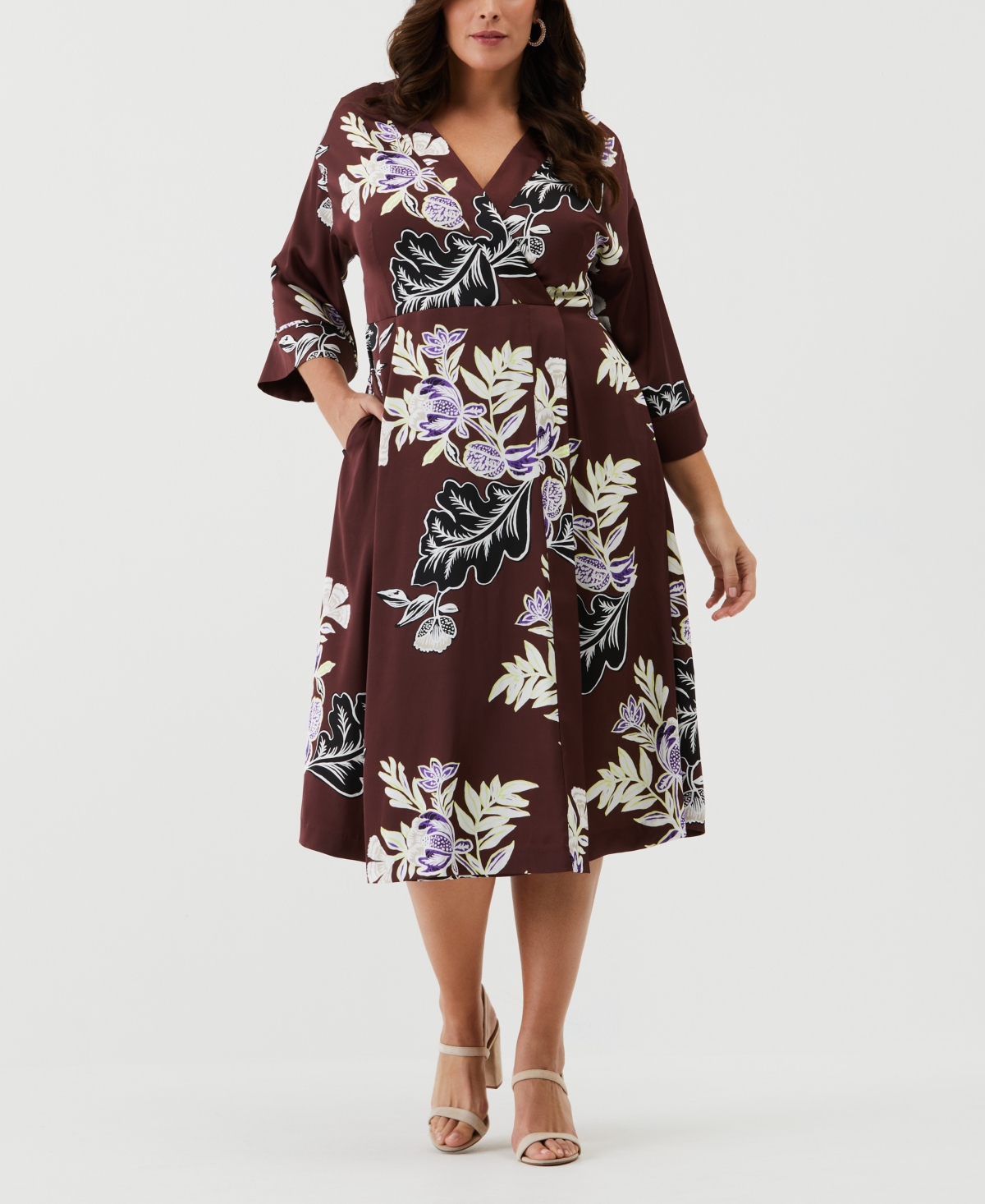 Shop Ella Rafaella Plus Size Floral Print Faux Wrap 3/4 Sleeve Midi Dress In Decadent Chocolate