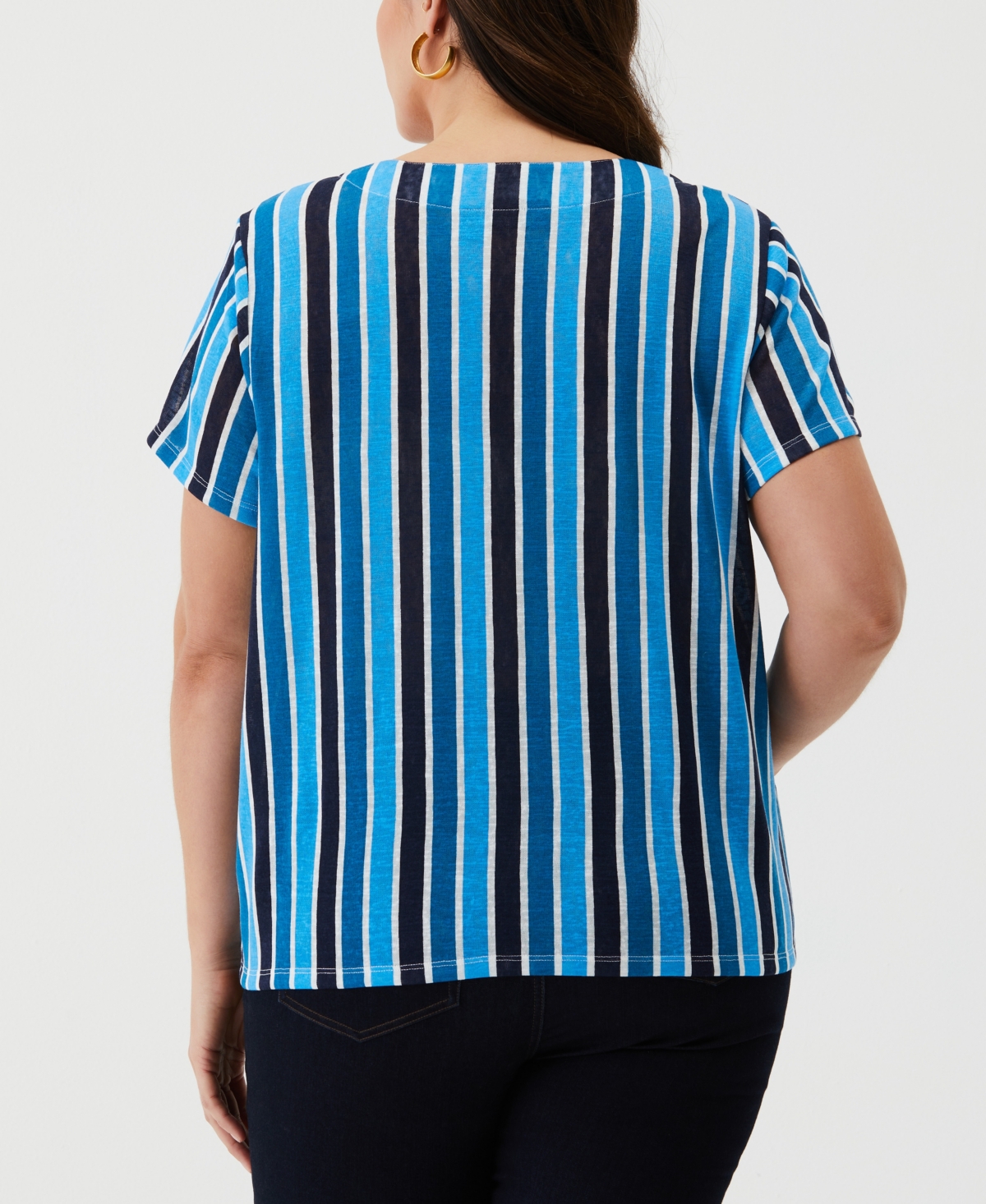 Shop Ella Rafaella Plus Size Eco Stripe Lace-up Short Sleeve Tee Shirt In Malibu Blue
